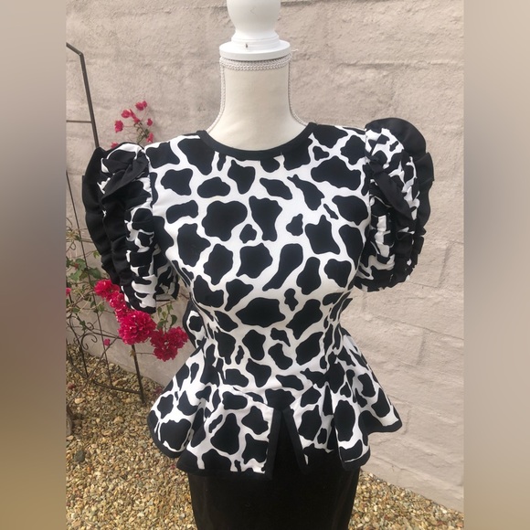 Vintage Peplum ruffle and bow low back cow print peplum dress puff sleeve - Picture 16 of 16